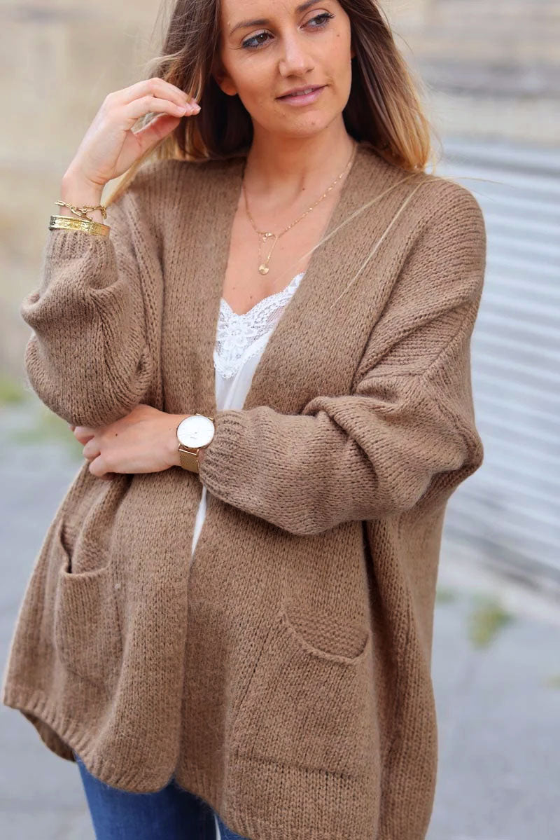 Camel cardigan with wrap around collar