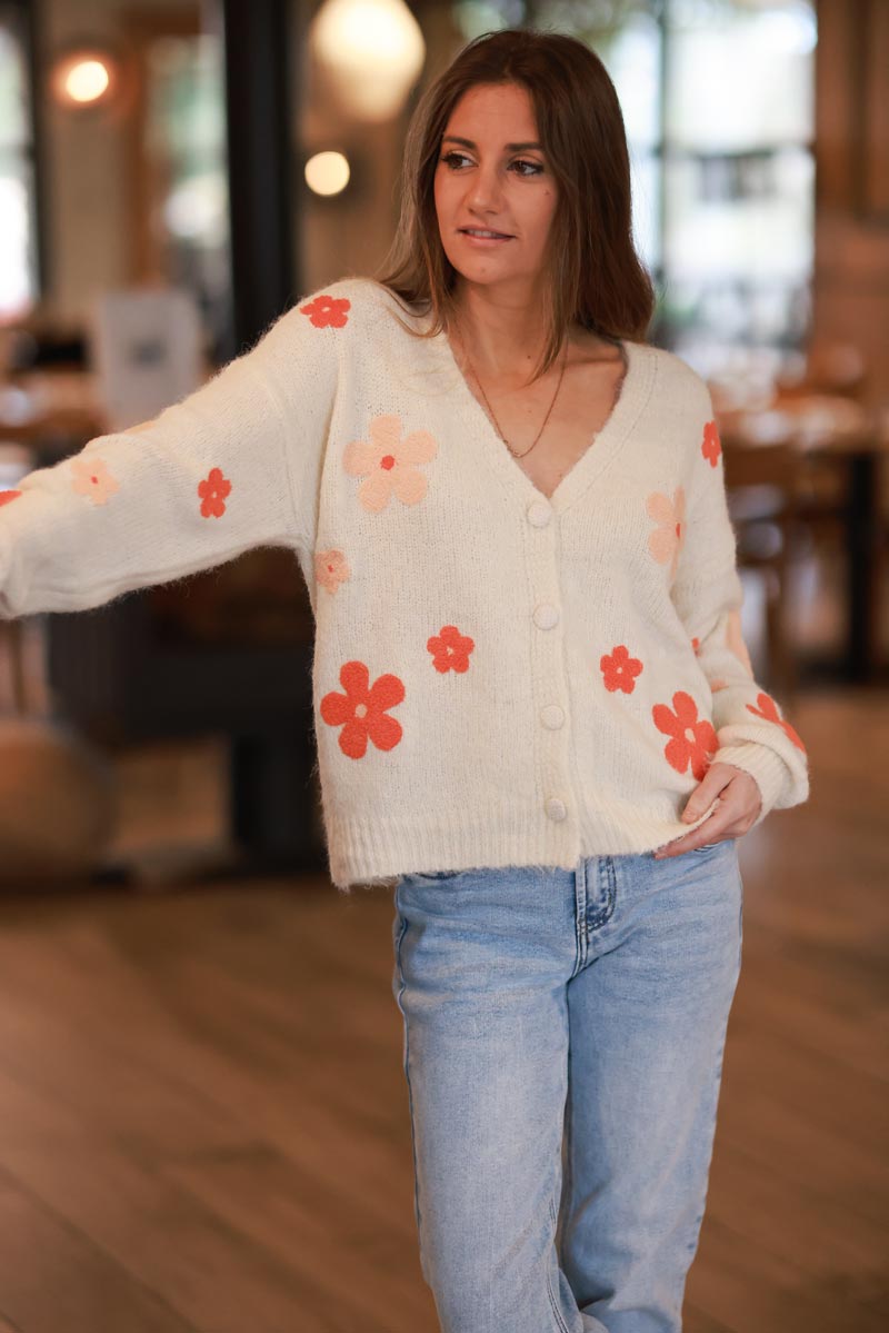 Cream Flower Power Wool Blend Cardigan