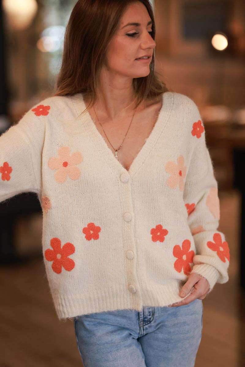 Cream Flower Power Wool Blend Cardigan