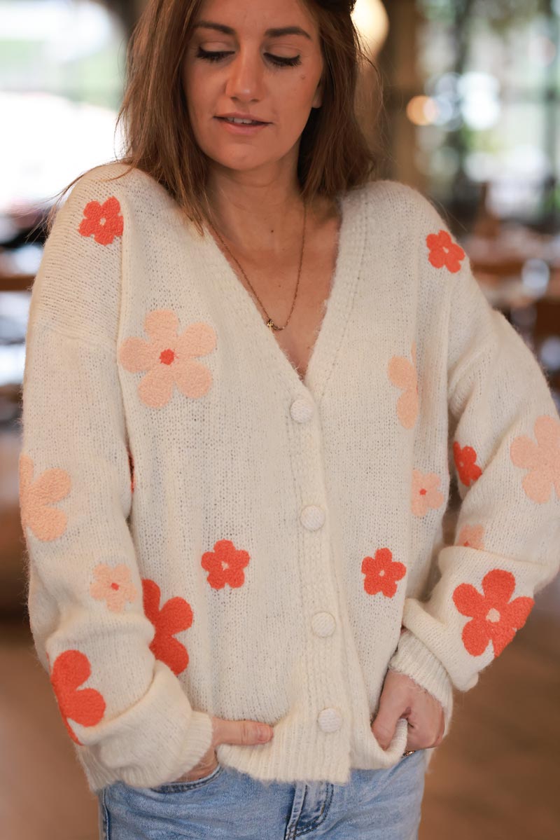 Cream Flower Power Wool Blend Cardigan