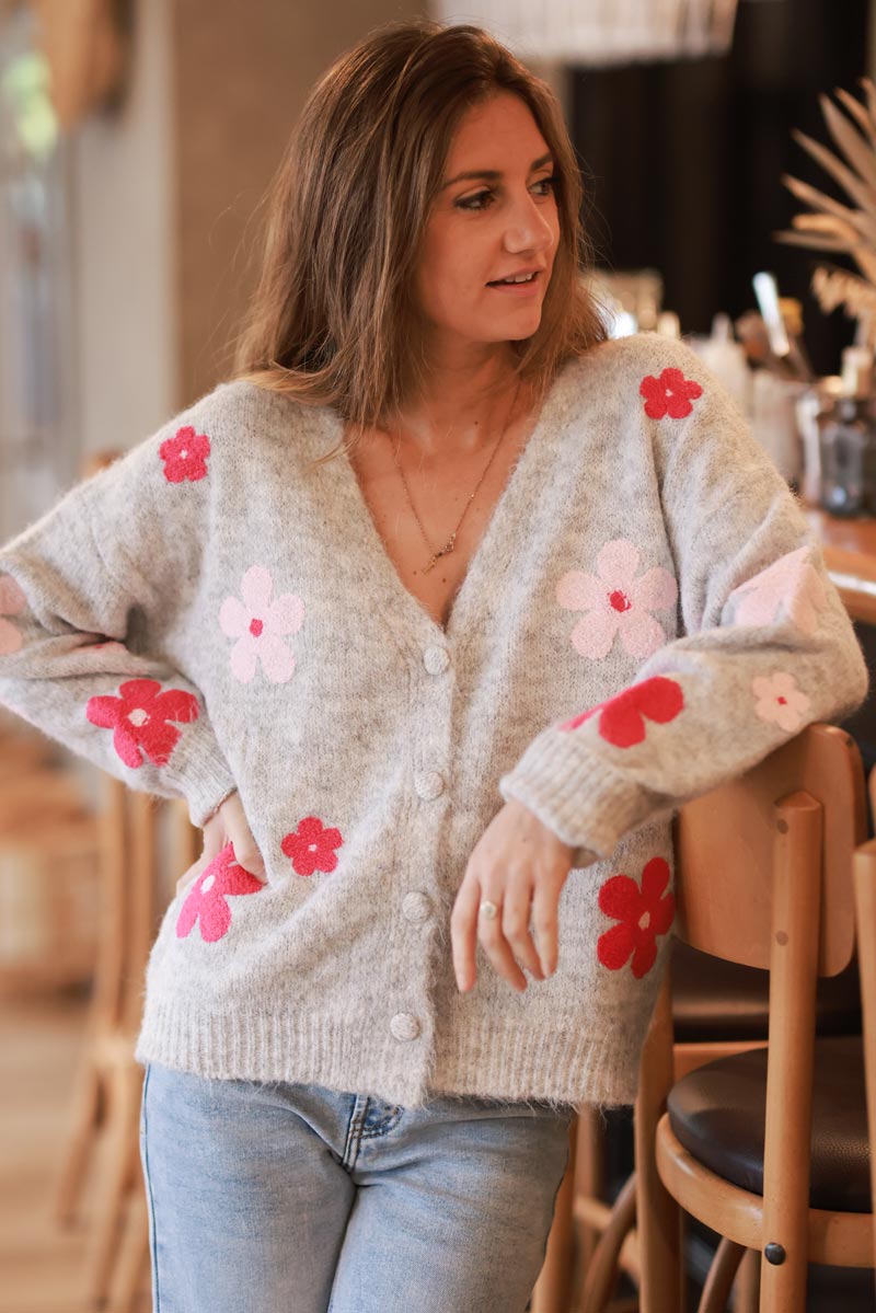 Gray Flower Power Wool Blend Cardigan