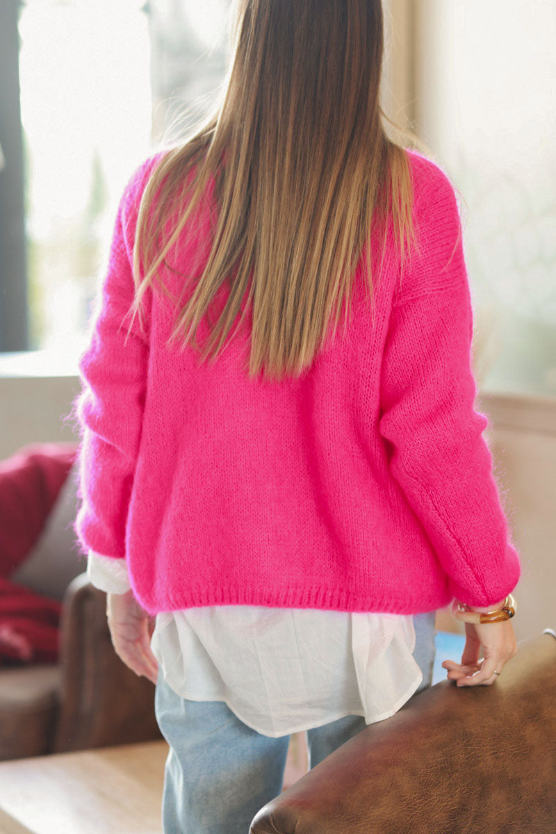 Fuchsia Knitted Button Through Cardigan