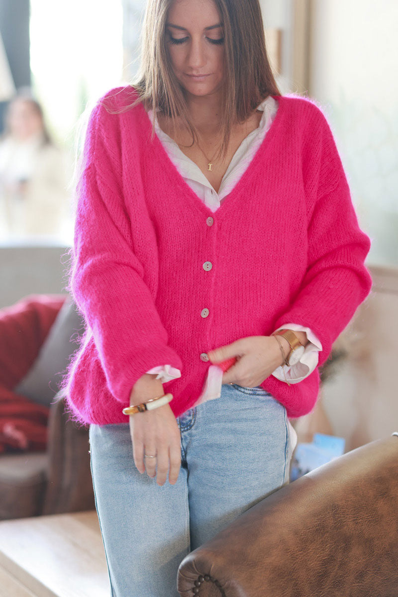 Fuchsia Knitted Button Through Cardigan