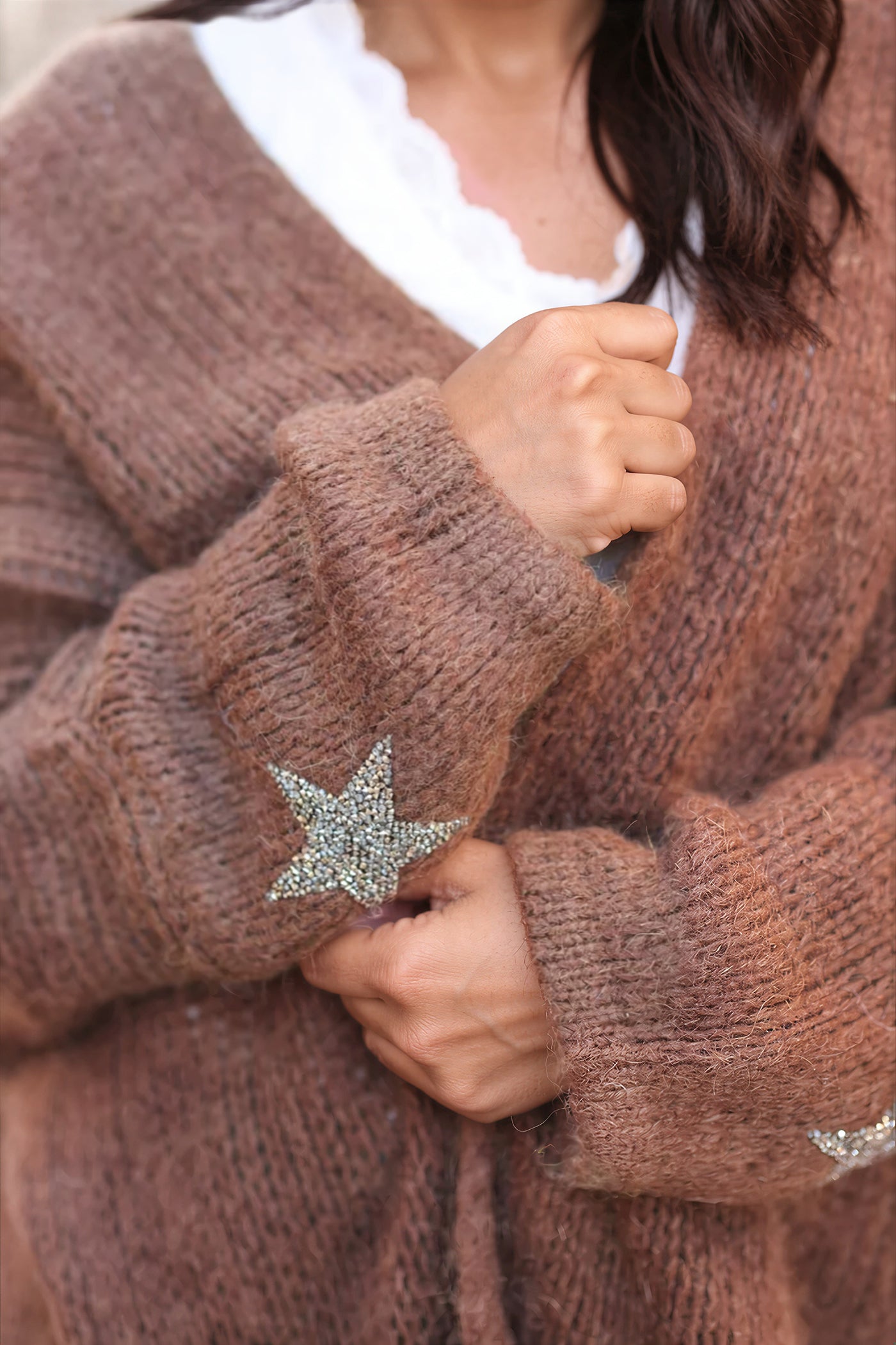 Chocolate Drop-Sleeve Knit Duster with Star Studded Cuffs