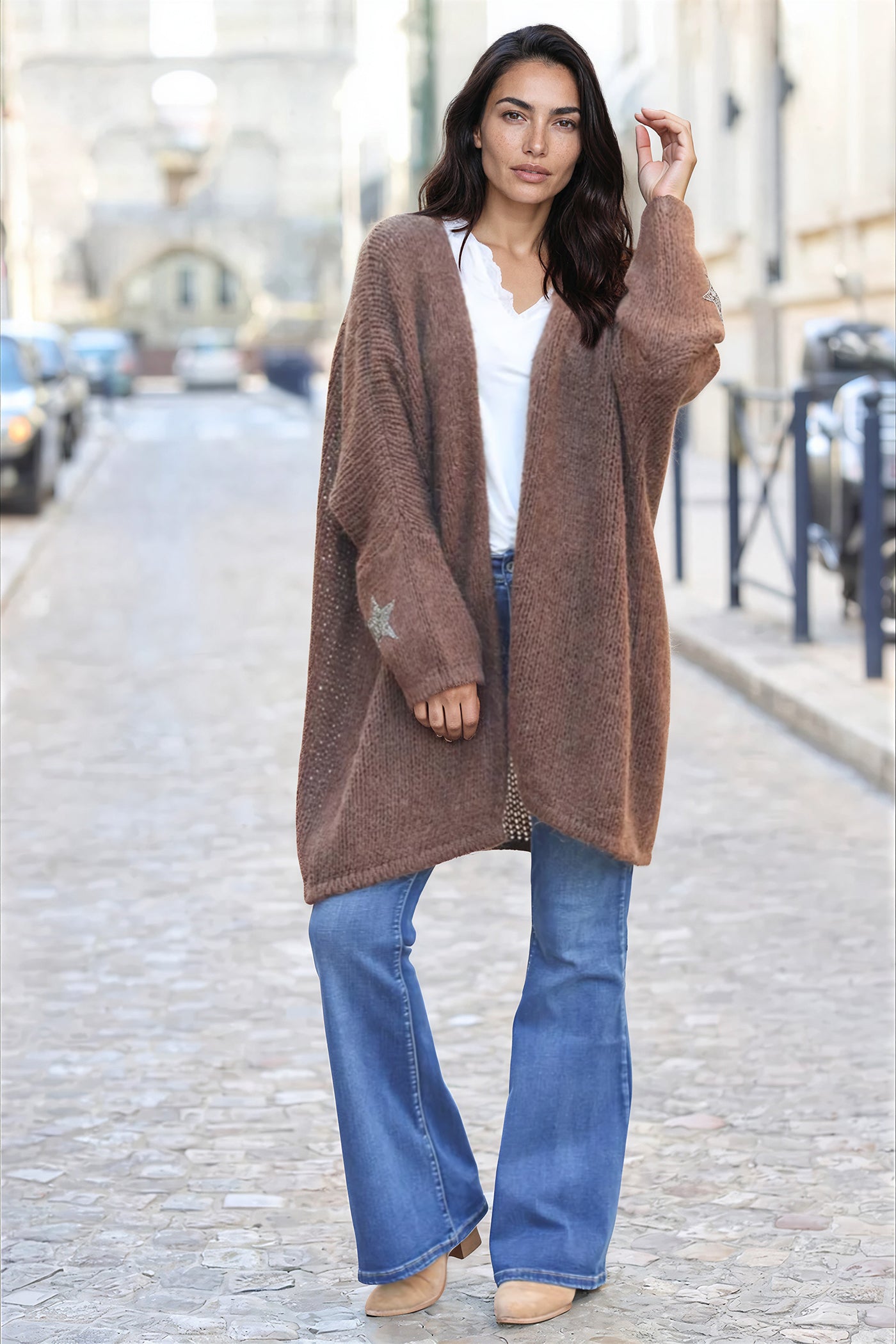 Chocolate Drop-Sleeve Knit Duster with Star Studded Cuffs