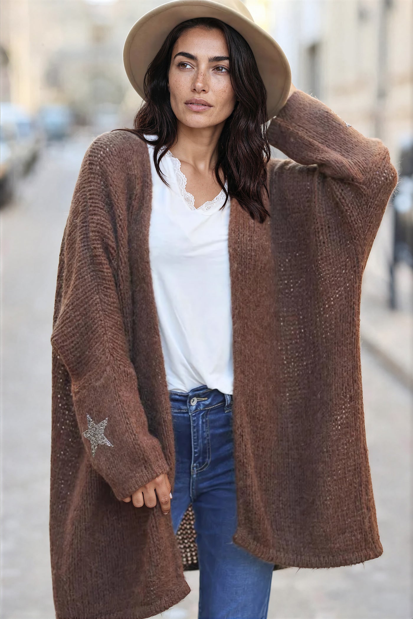 Chocolate Drop-Sleeve Knit Duster with Star Studded Cuffs