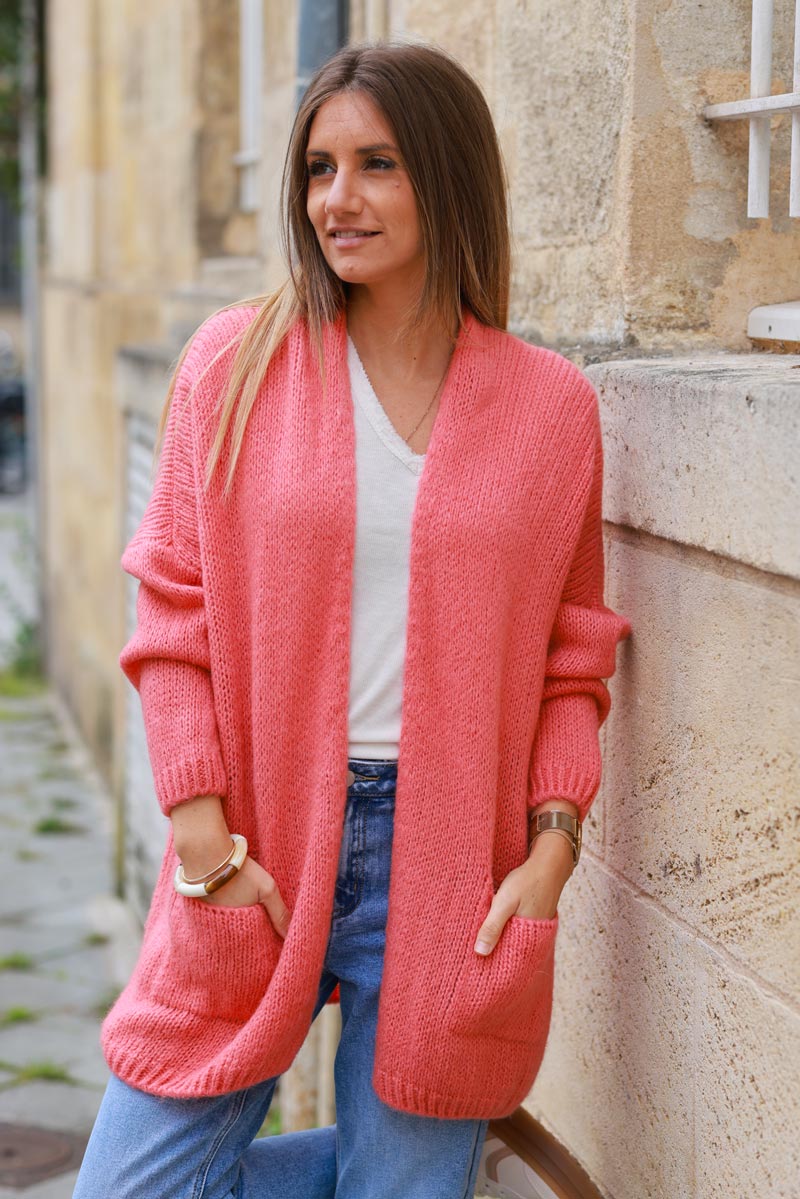 Coral cardigan with wrap around collar