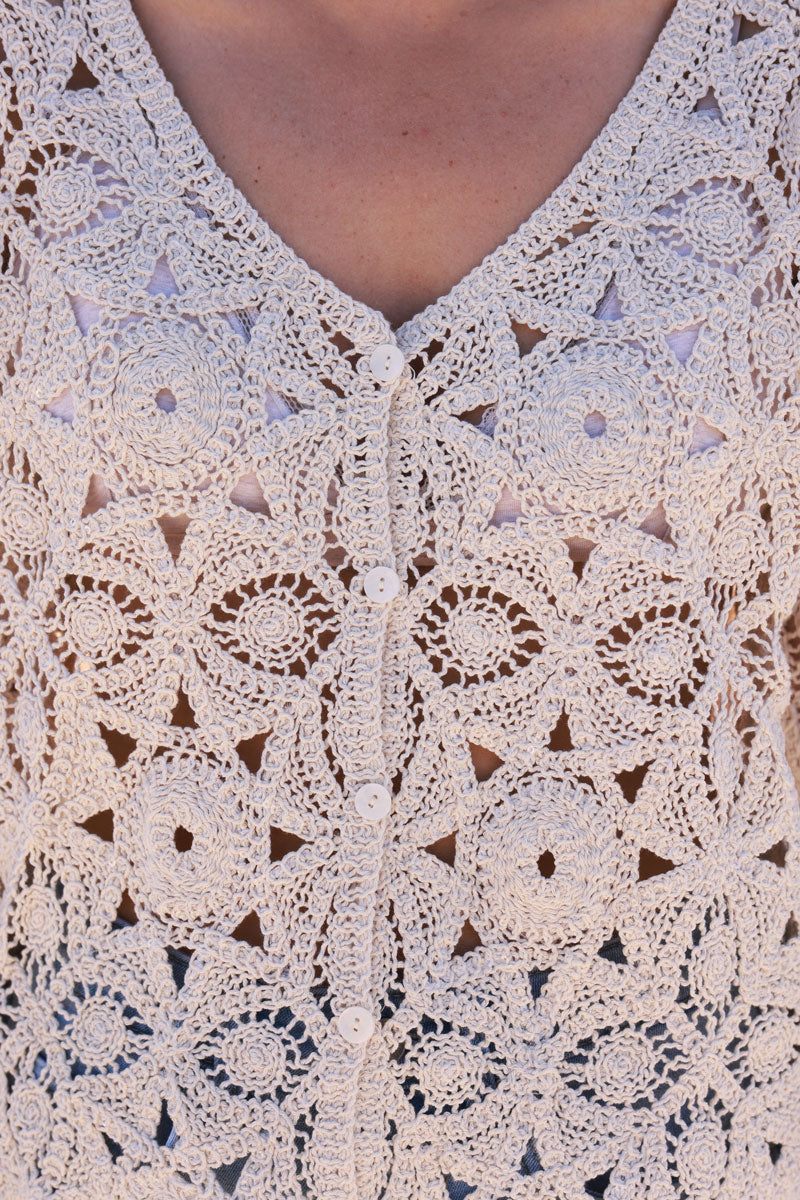 Beige Cotton Crochet Cardigan