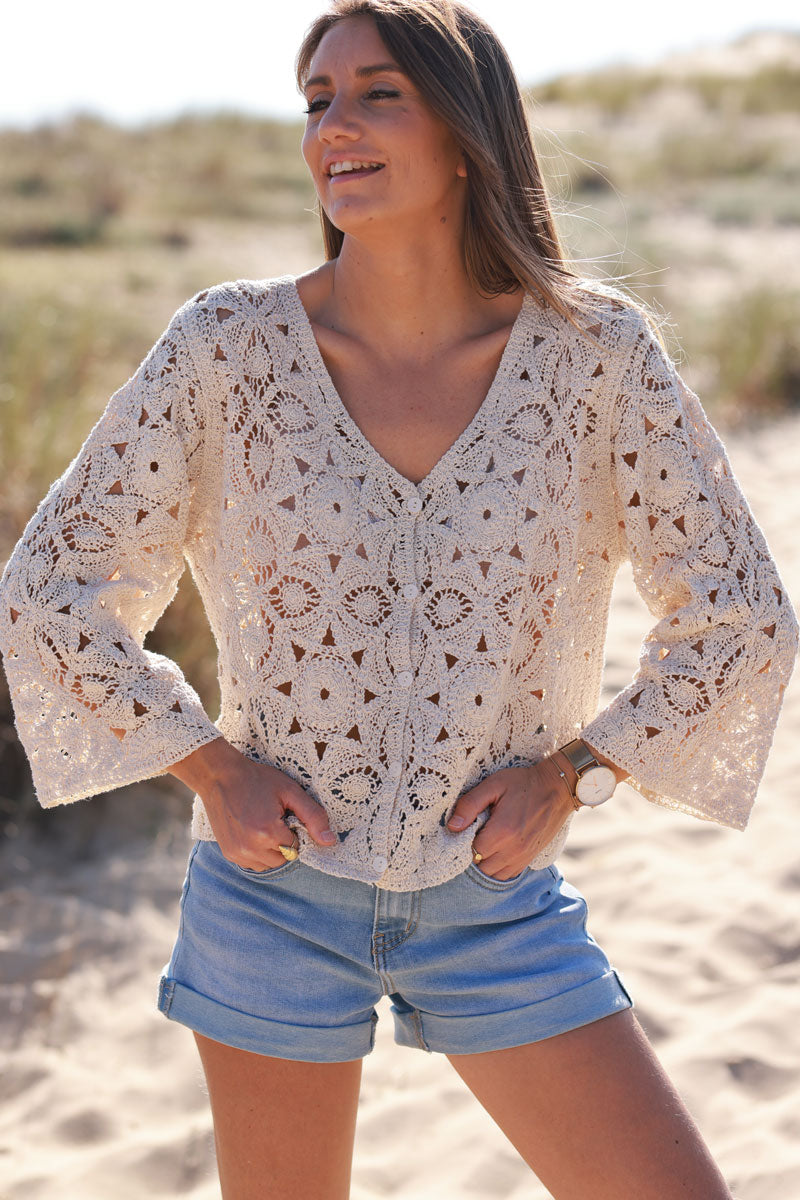 Beige Cotton Crochet Cardigan