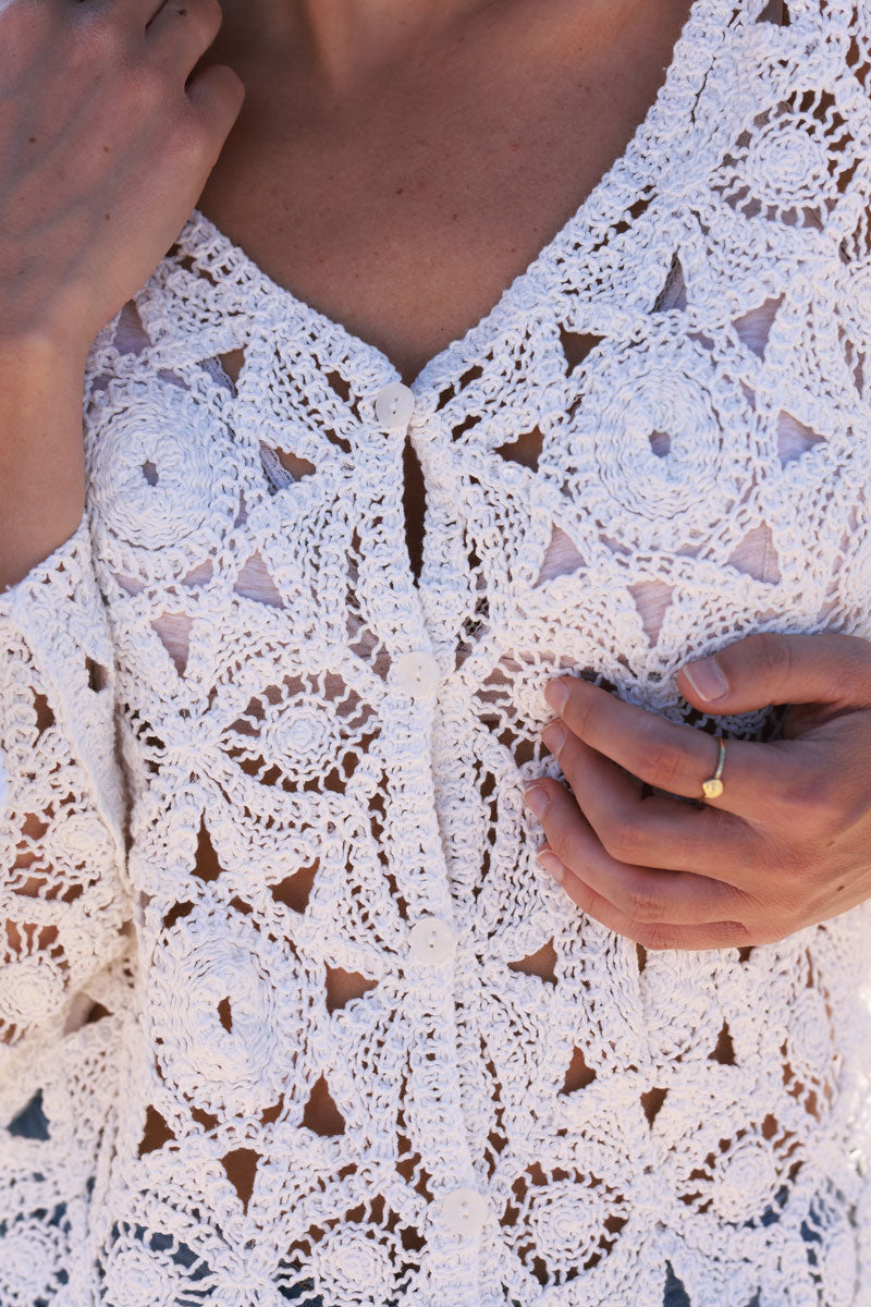 Off White Cotton Crochet Cardigan