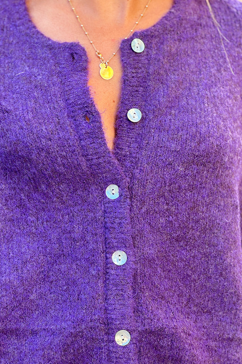 Super soft Round Neck Cardigan Butter Aubergine with mother of Pearl buttons