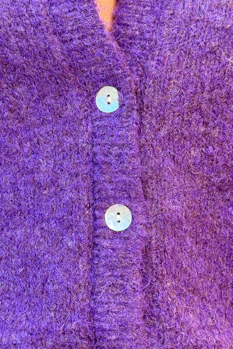 Super soft Round Neck Cardigan Butter Aubergine with mother of Pearl buttons