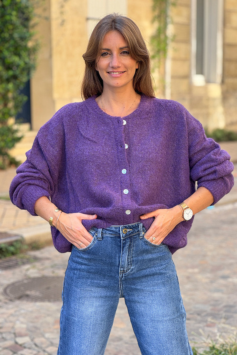Super soft Round Neck Cardigan Butter Aubergine with mother of Pearl buttons