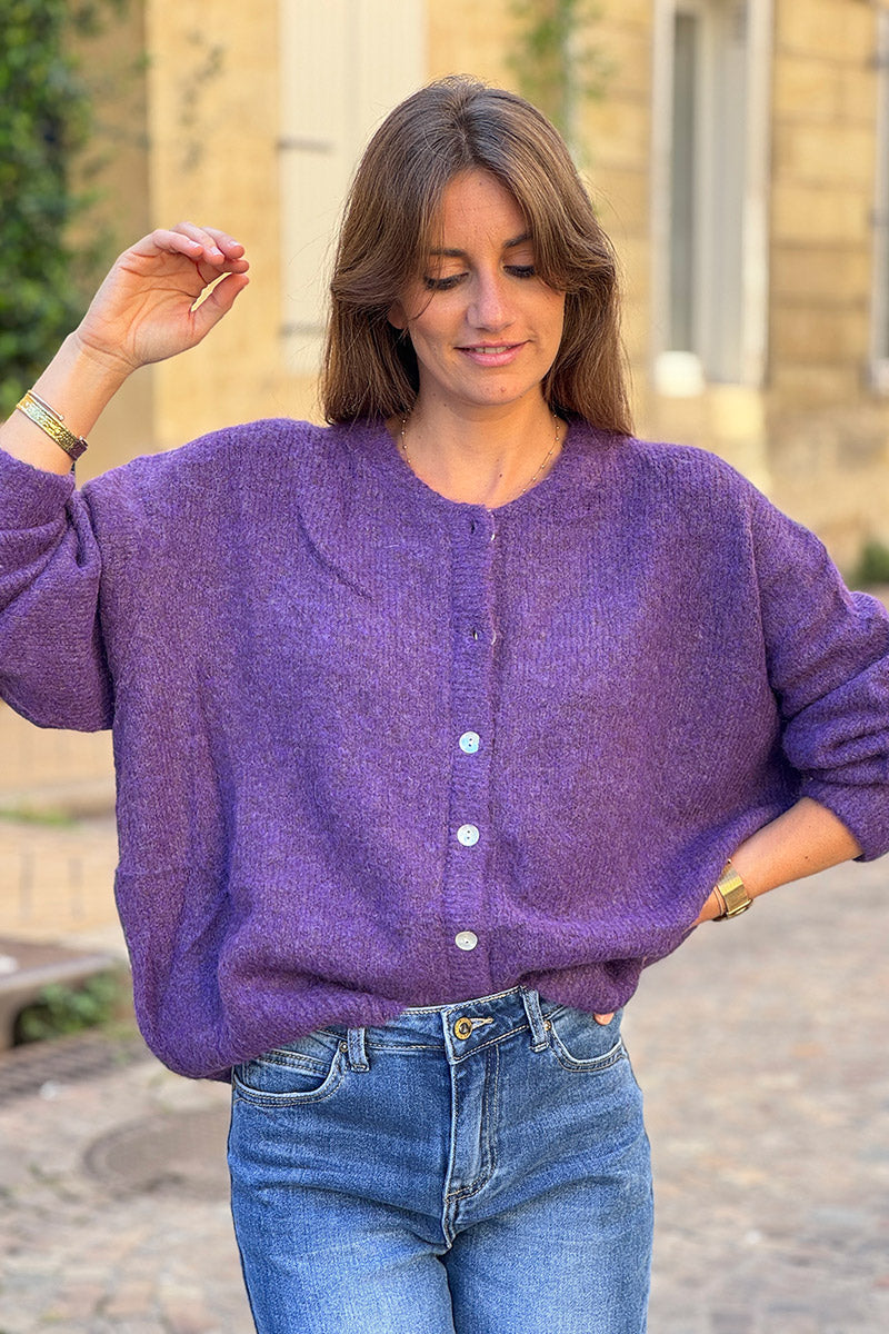 Super soft Round Neck Cardigan Butter Aubergine with mother of Pearl buttons