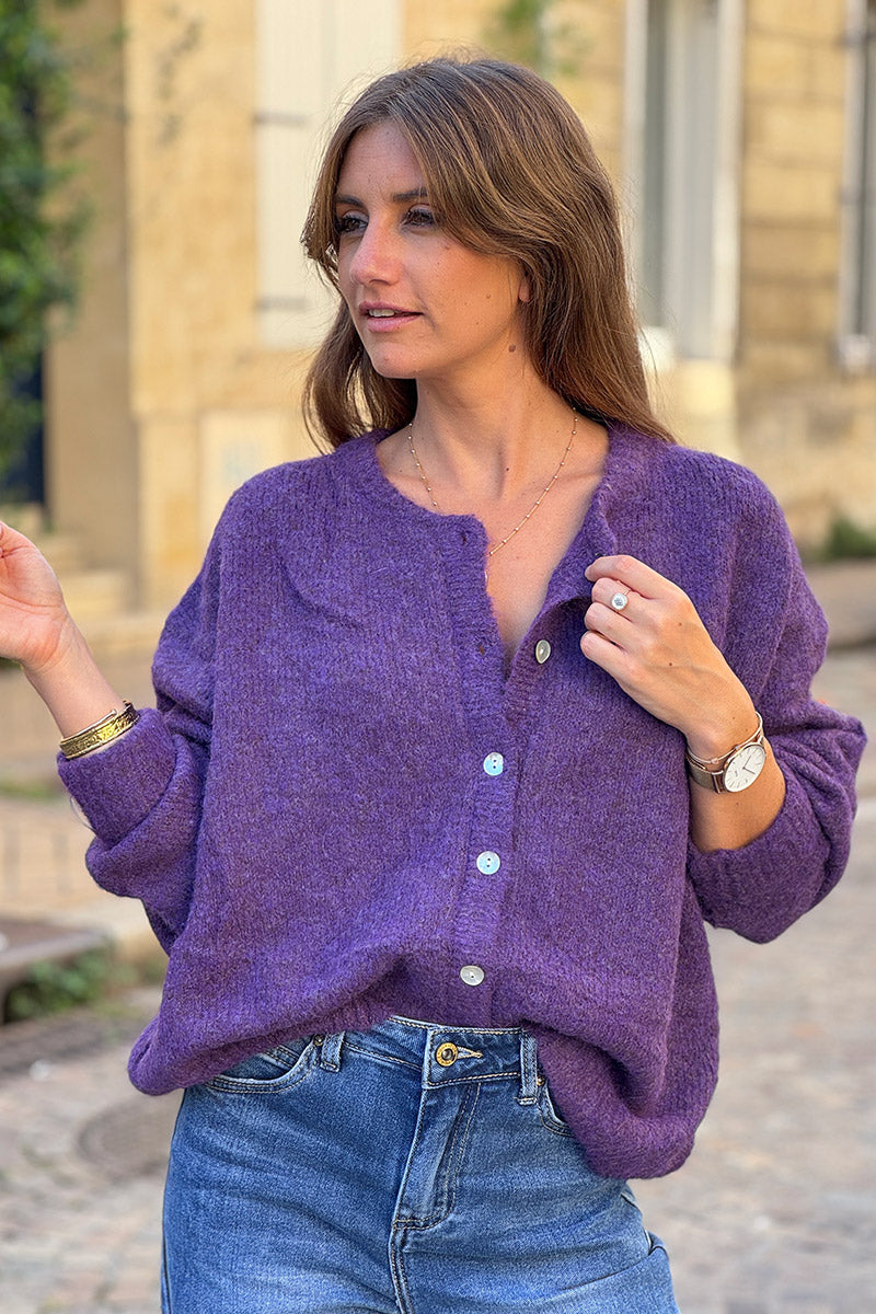 Super soft Round Neck Cardigan Butter Aubergine with mother of Pearl buttons