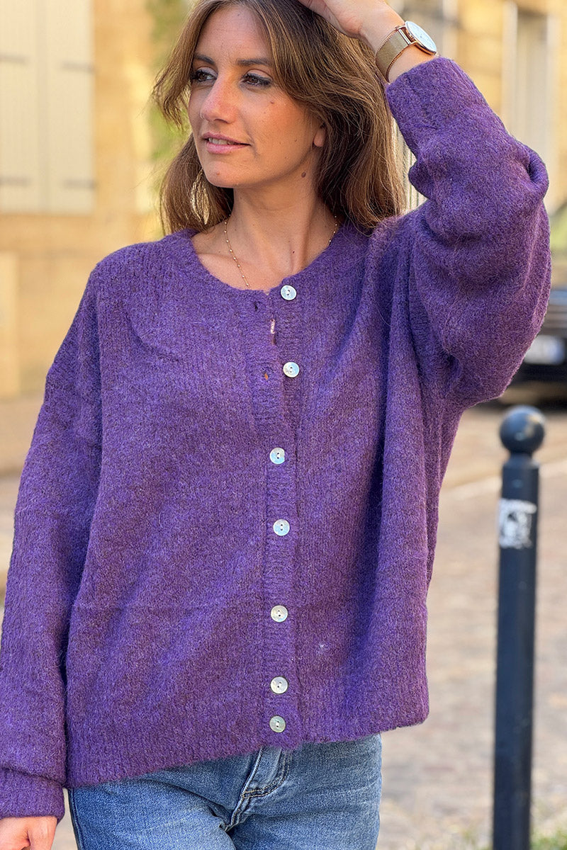 Super soft Round Neck Cardigan Butter Aubergine with mother of Pearl buttons