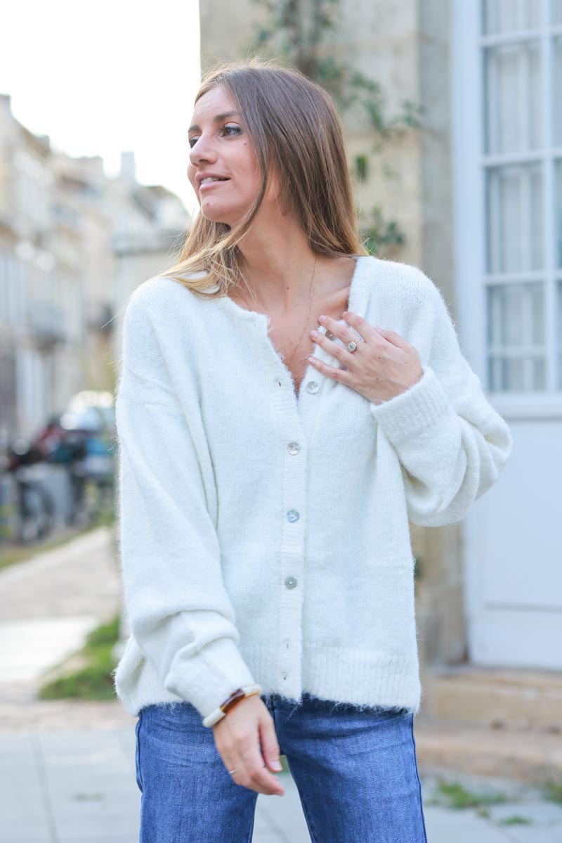 Super soft round neck cardigan off white with mother of pearl buttons