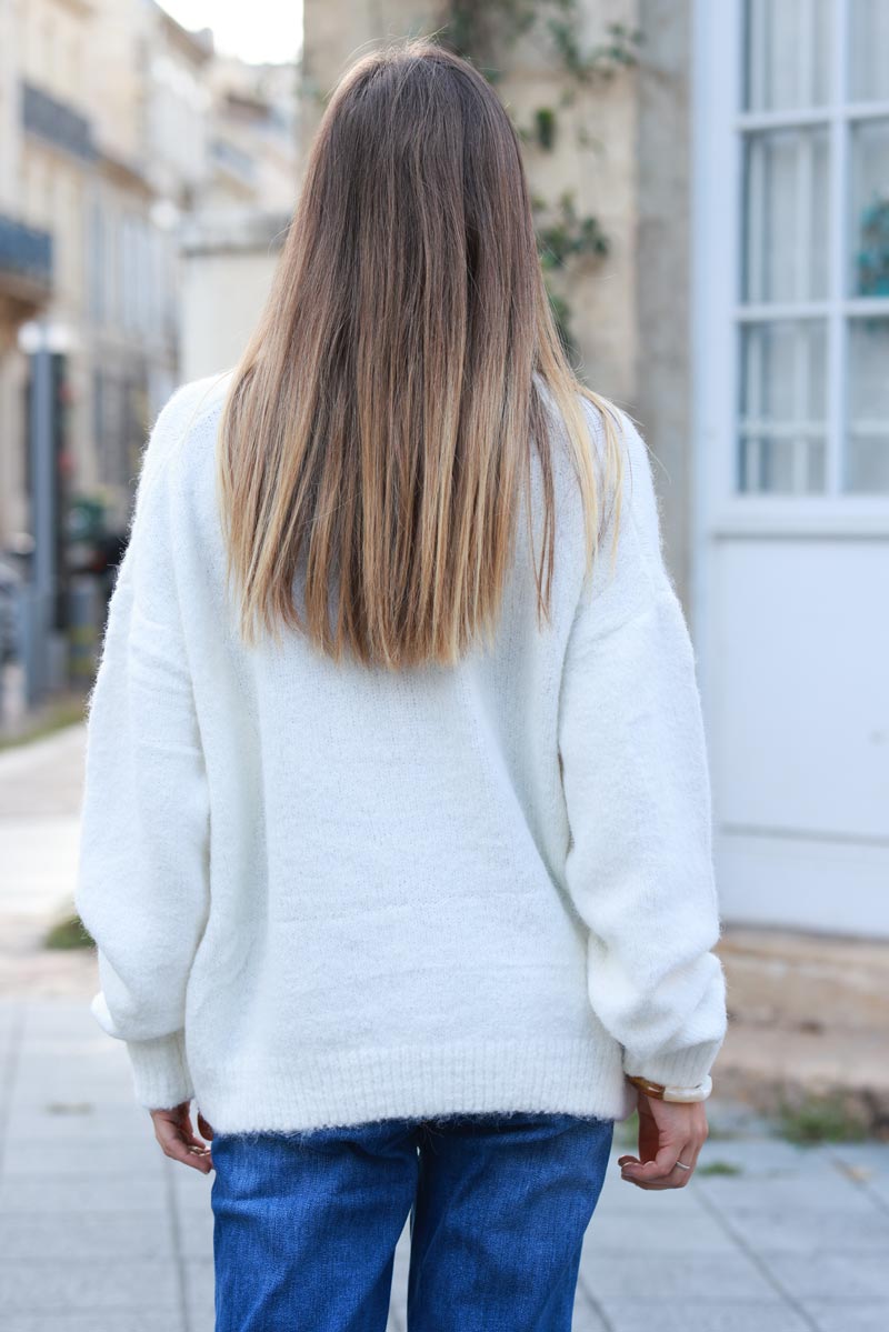 Super soft round neck cardigan off white with mother of pearl buttons