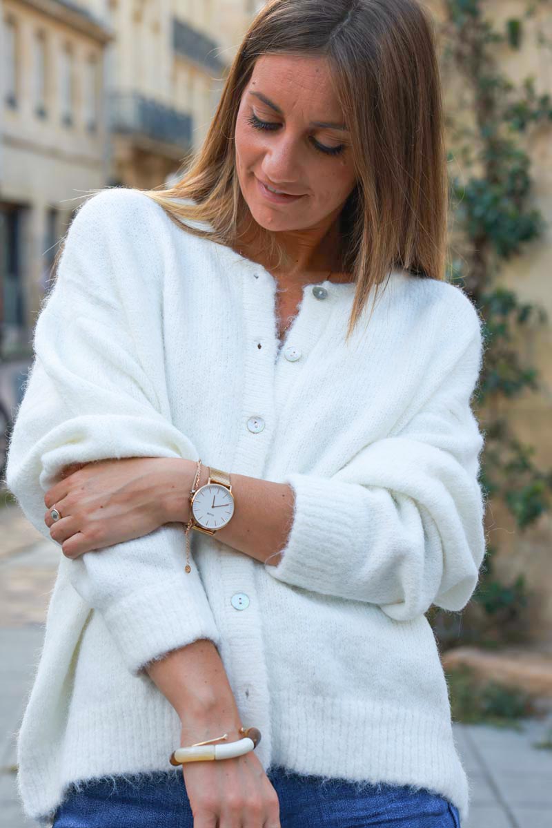 Super soft round neck cardigan off white with mother of pearl buttons