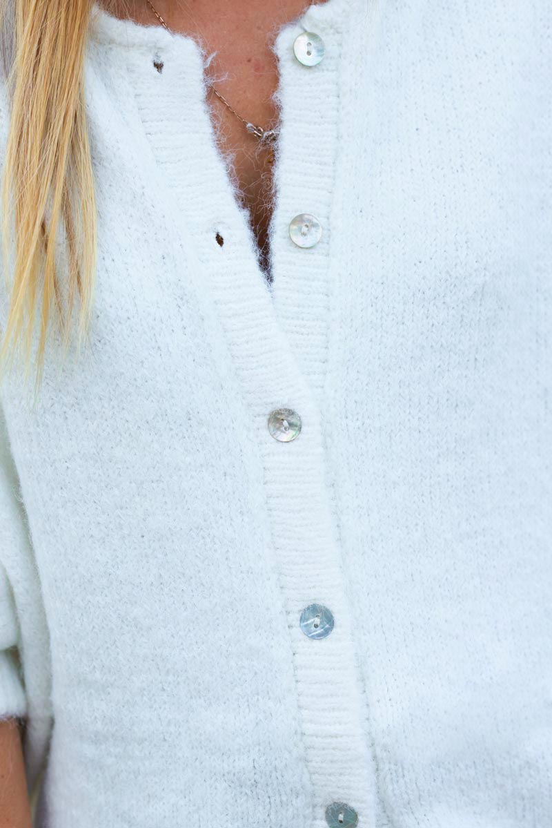 Super soft round neck cardigan off white with mother of pearl buttons