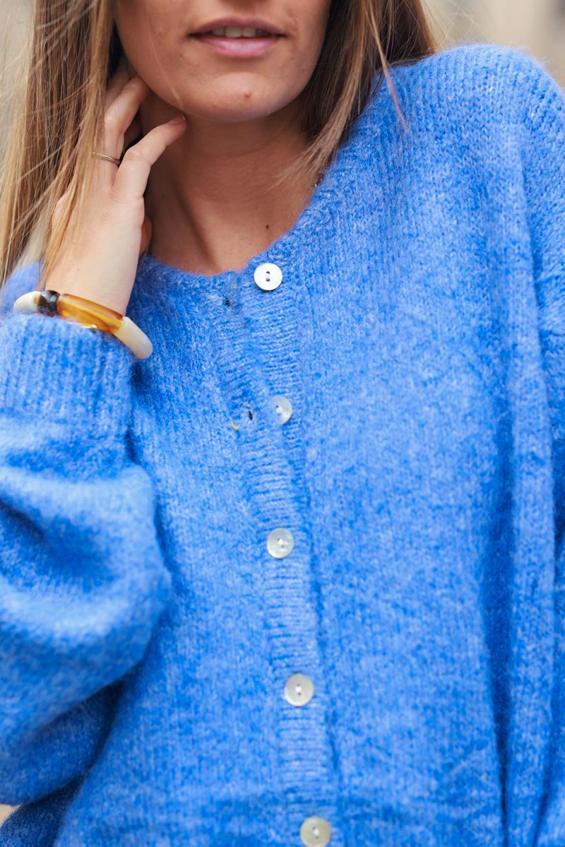 Super soft round neck cardigan blue with mother of pearl buttons