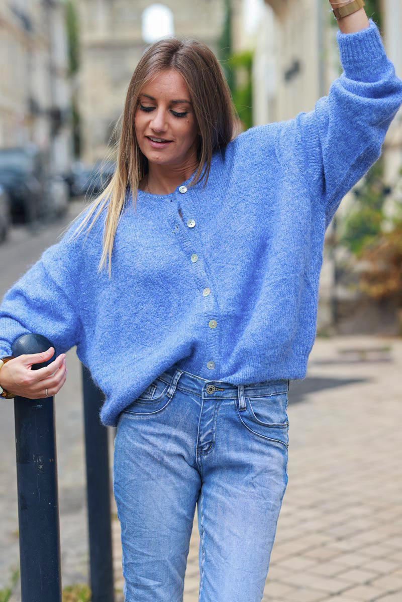 Super soft round neck cardigan blue with mother of pearl buttons