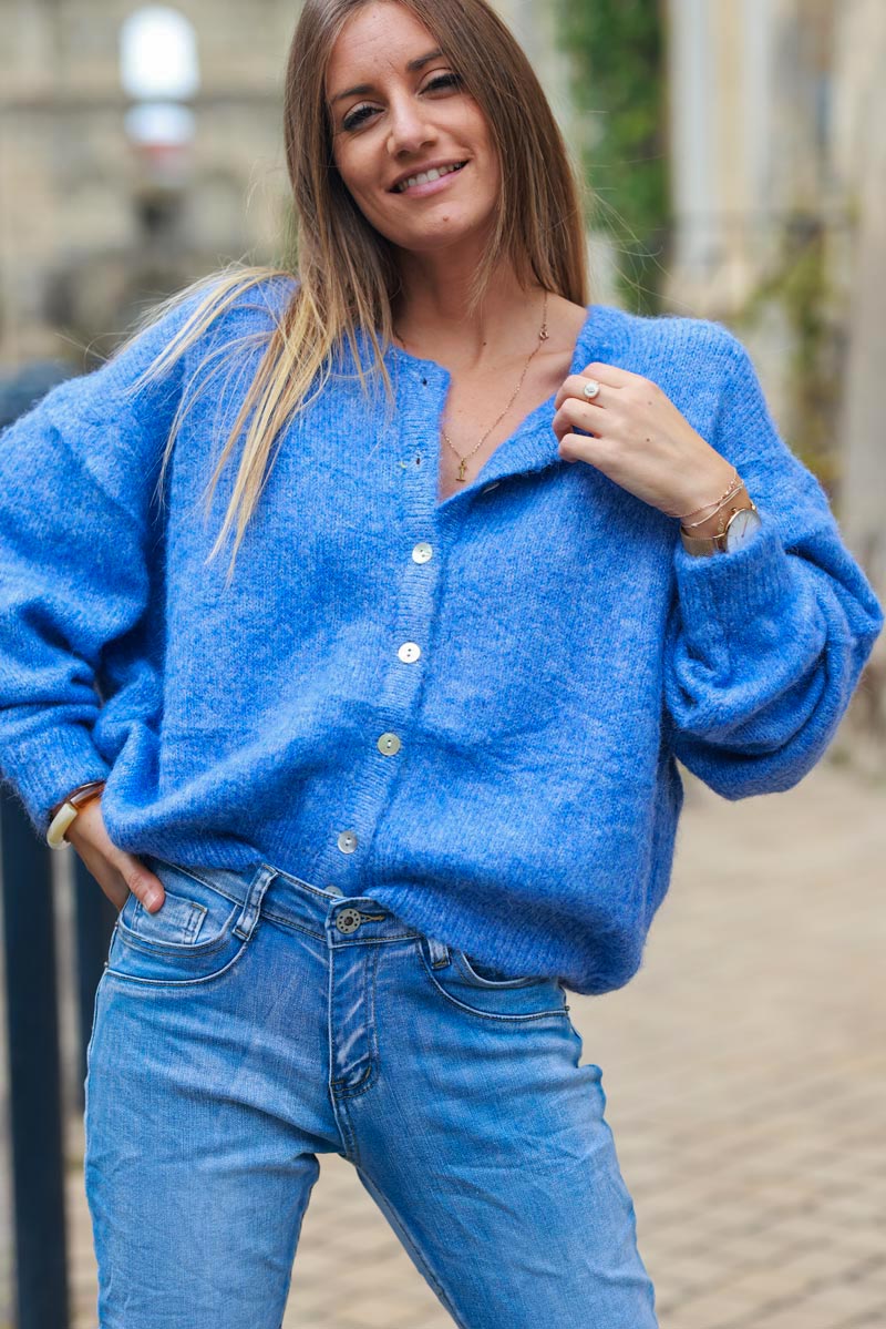 Super soft round neck cardigan blue with mother of pearl buttons