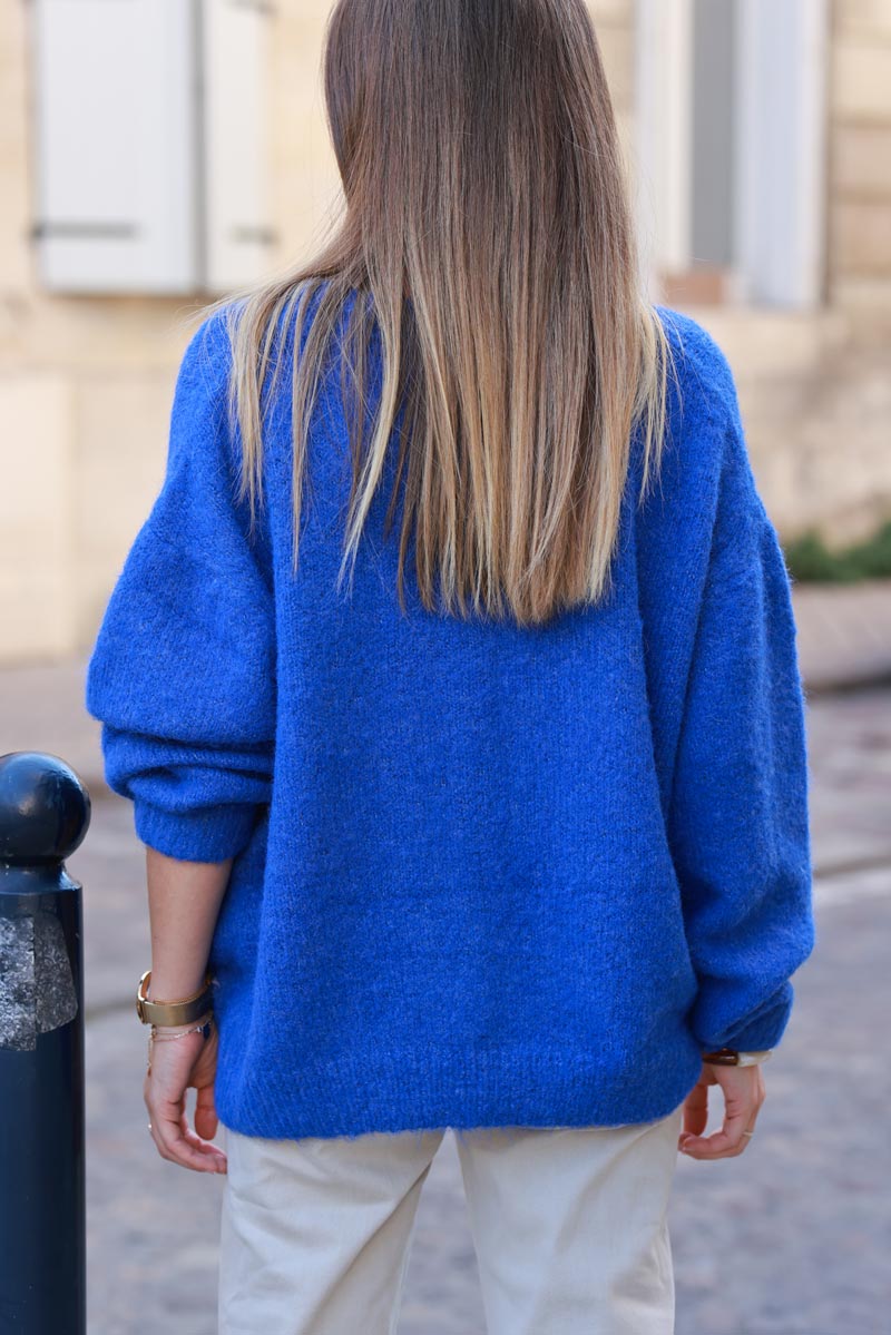 Super soft round neck cardigan electric blue with mother of pearl buttons