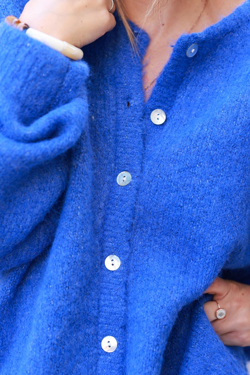 Super soft round neck cardigan electric blue with mother of pearl buttons