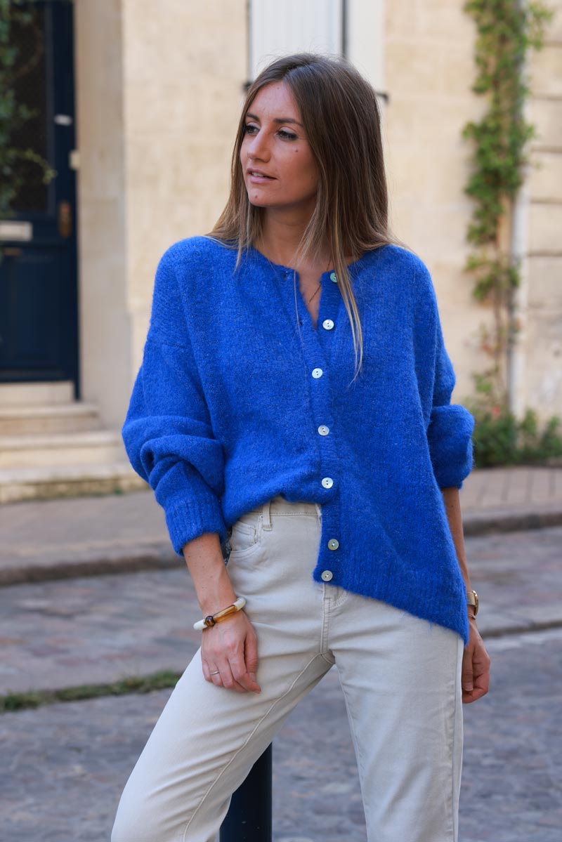 Super soft round neck cardigan electric blue with mother of pearl buttons