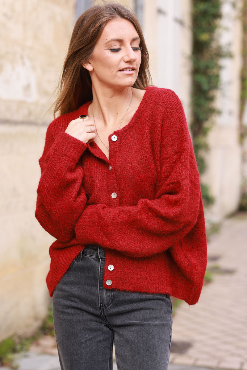 Gilet douillet rouge bordeaux chiné en maille col rond boutons nacrés