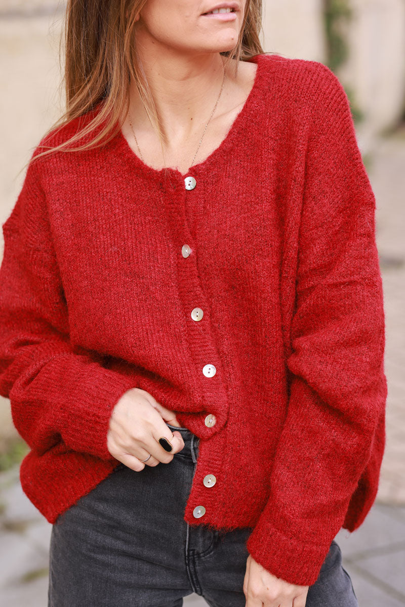 Super Soft Round Neck Cardigan Burgundy with Mother of Pearl Buttons