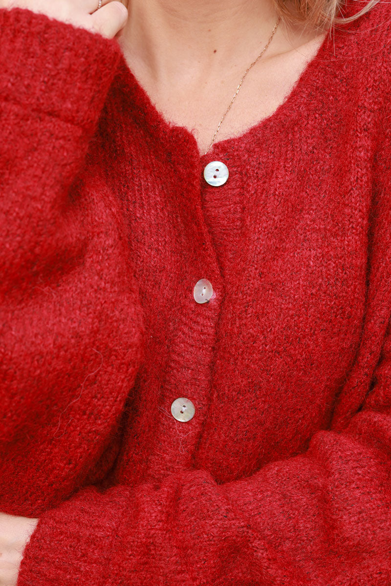 Super Soft Round Neck Cardigan Burgundy with Mother of Pearl Buttons