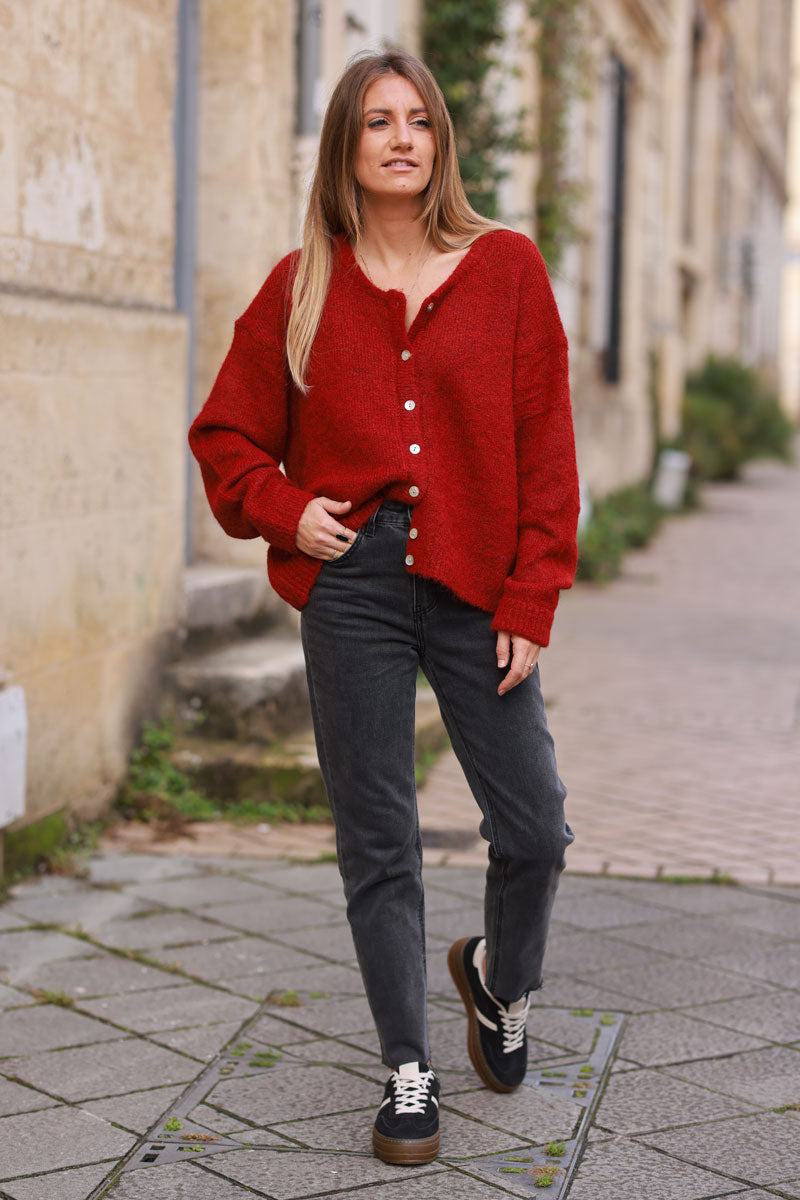 Gilet douillet rouge bordeaux chiné en maille col rond boutons nacrés