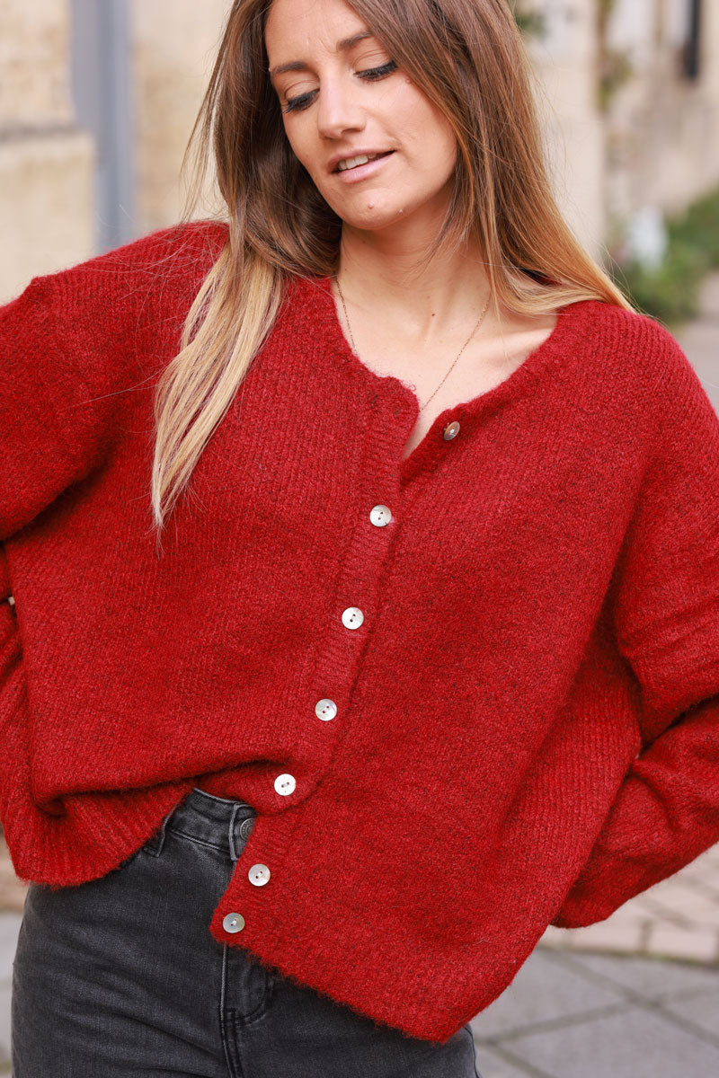 Super Soft Round Neck Cardigan Burgundy with Mother of Pearl Buttons