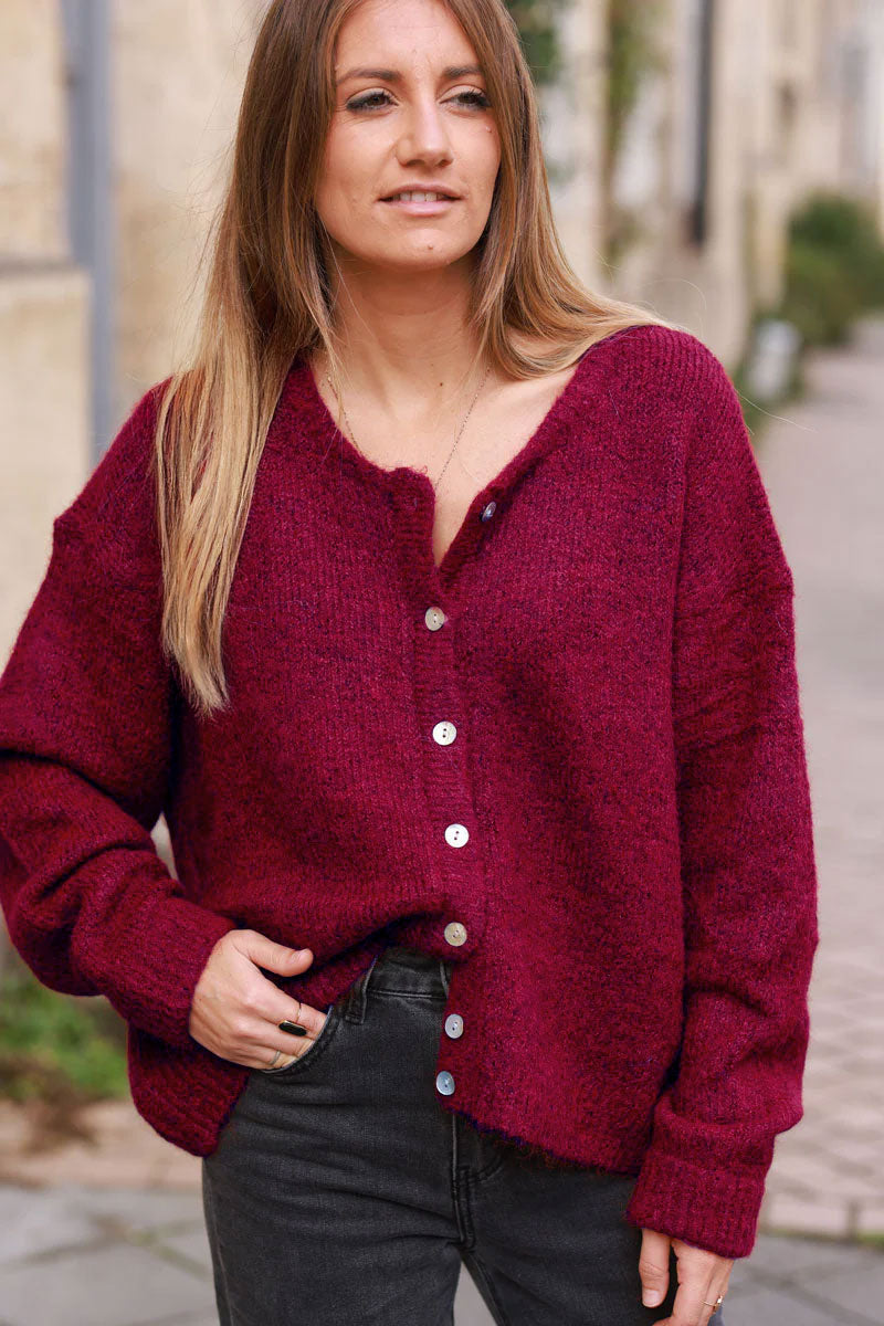 Super Soft Round Neck Cardigan Burgundy with Mother of Pearl Buttons