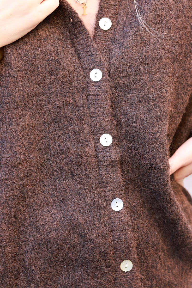 Super soft round neck cardigan chocolate with mother of pearl buttons