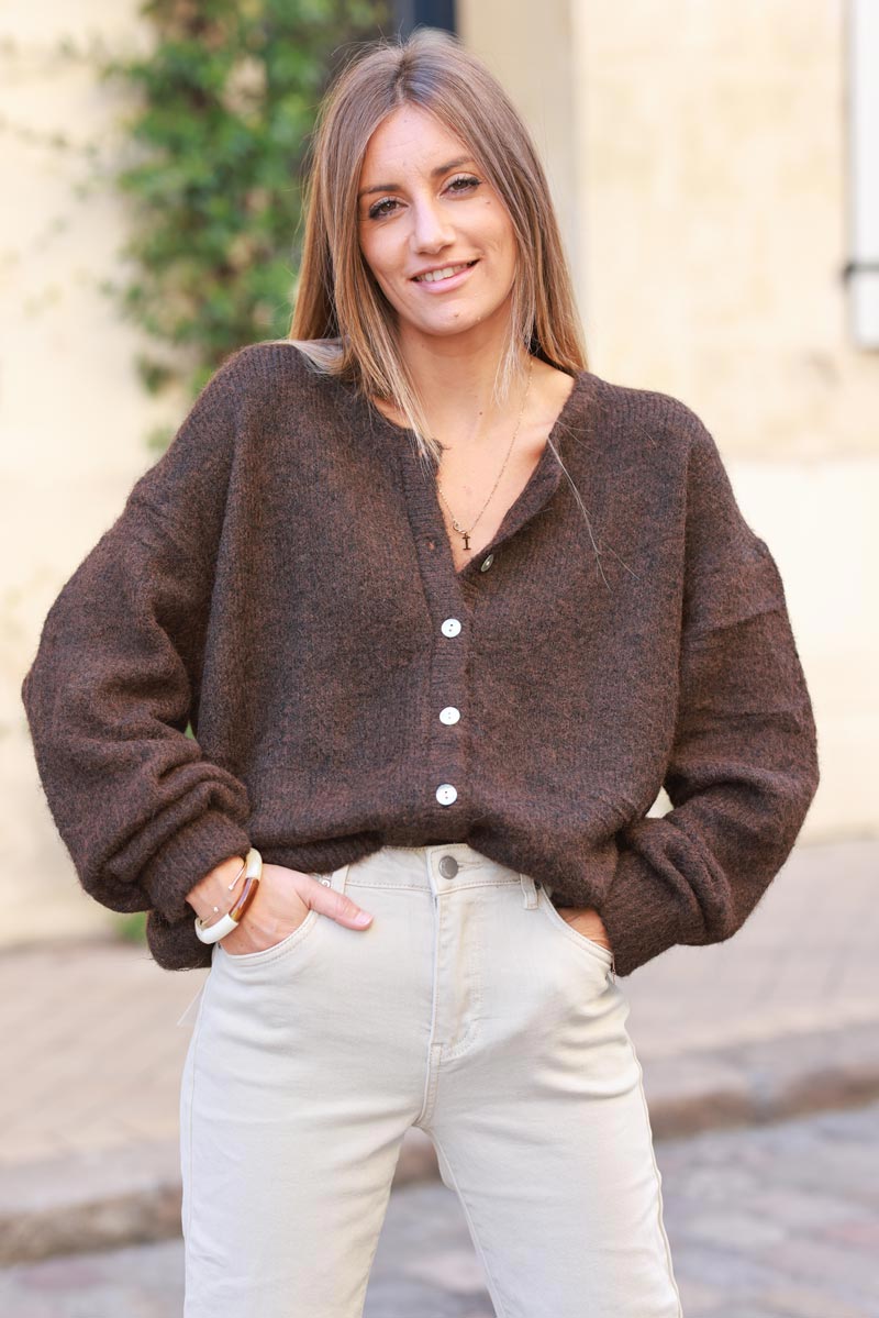 Super soft round neck cardigan chocolate with mother of pearl buttons