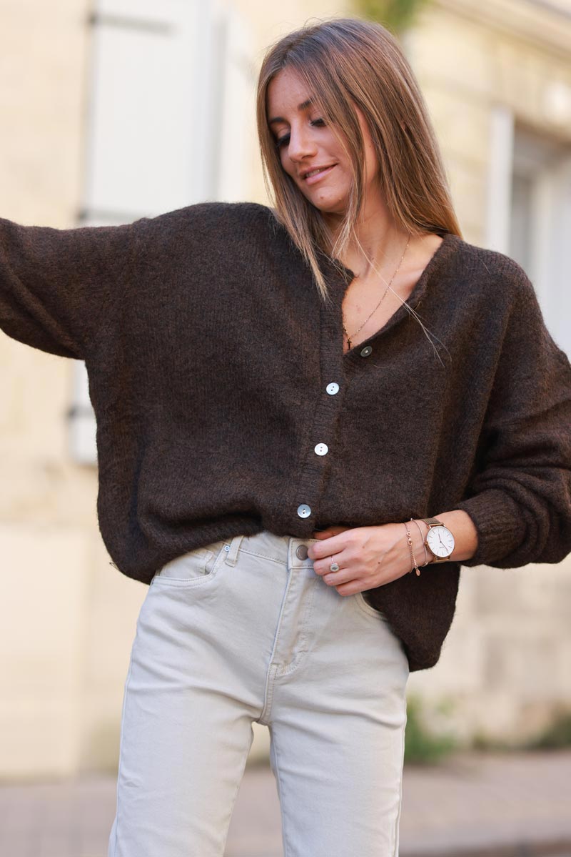 Super soft round neck cardigan chocolate with mother of pearl buttons