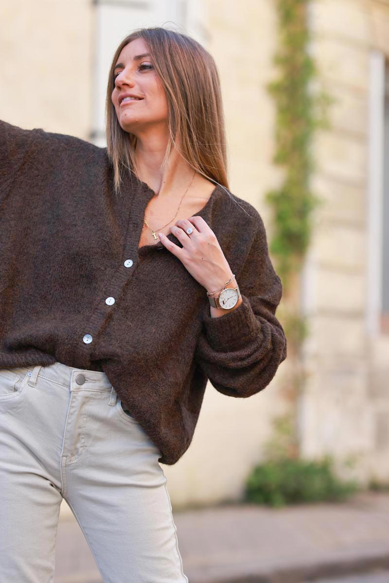 Super soft round neck cardigan chocolate with mother of pearl buttons