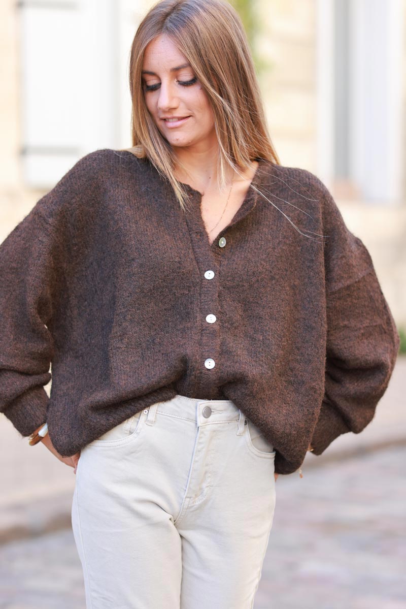 Super soft round neck cardigan chocolate with mother of pearl buttons