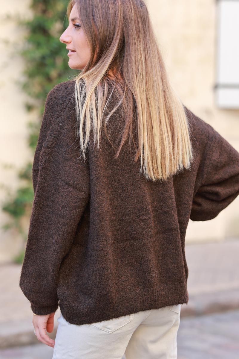 Super soft round neck cardigan chocolate with mother of pearl buttons