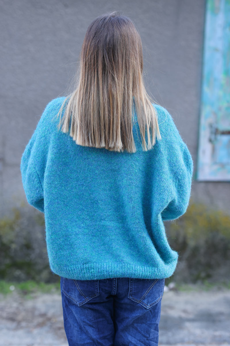 Super soft round neck cardigan peacock blue with mother of pearl buttons