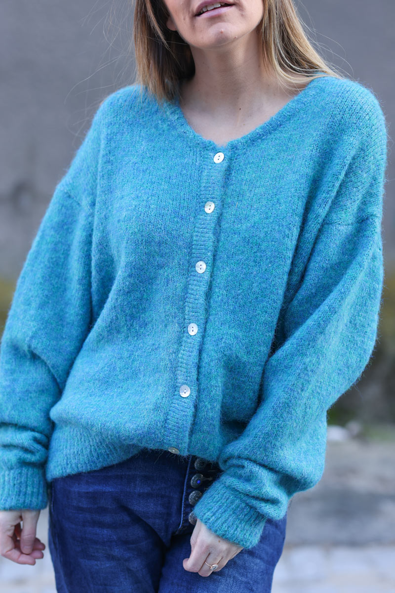 Super soft round neck cardigan peacock blue with mother of pearl buttons