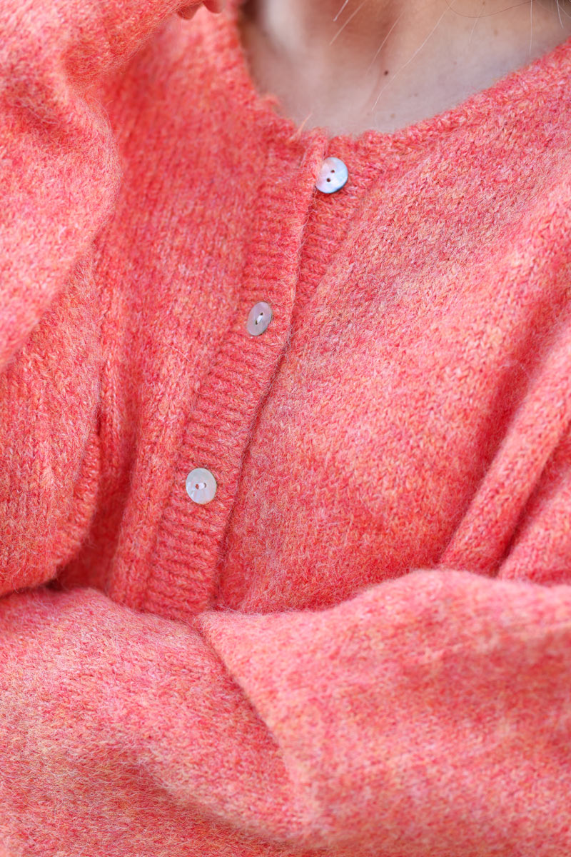 Super soft round neck cardigan orange with mother of pearl buttons