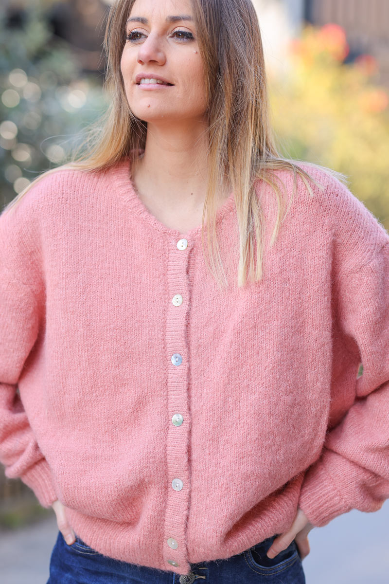 Super soft round neck cardigan coral with mother of pearl buttons