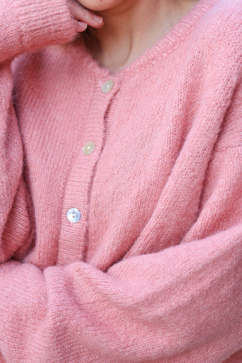 Super soft round neck cardigan coral with mother of pearl buttons