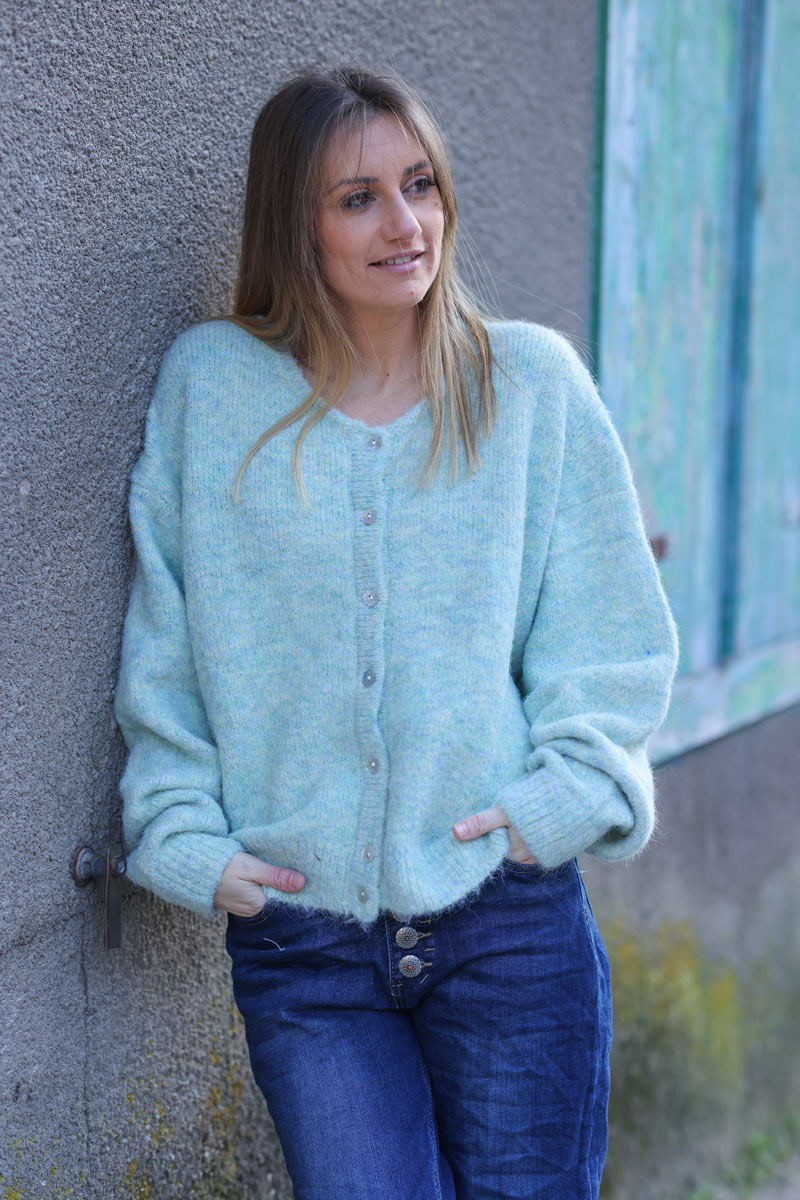 Super soft round neck cardigan water green with mother of pearl buttons
