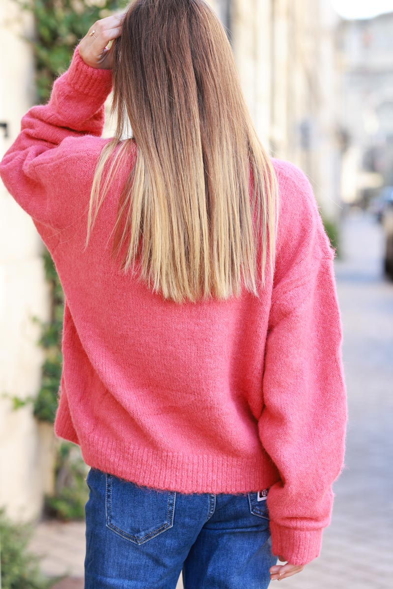 Super soft round neck cardigan raspberry with mother of pearl buttons