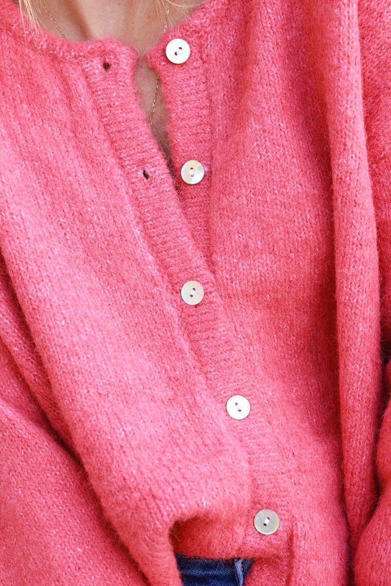 Super soft round neck cardigan raspberry with mother of pearl buttons